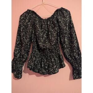 Kanji Off-the-shoulder black floral smock bodice top